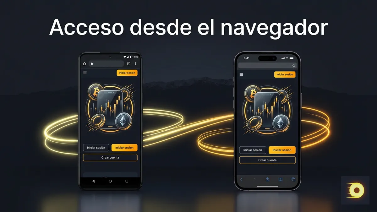 Dos celulares mostrando el mismo acceso por navegador a Rollbit desde Android y iPhone con montañas andinas de fondo