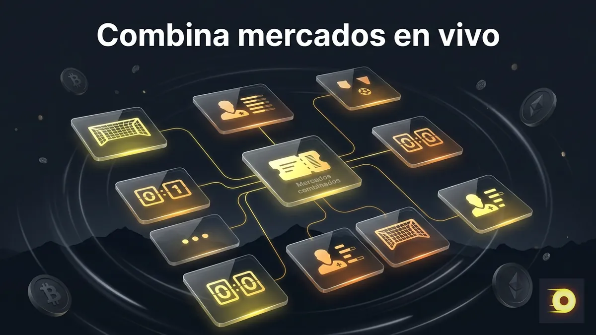 Mosaico de mercados deportivos combinados en un ticket único en Rollbit, estilo cripto oscuro