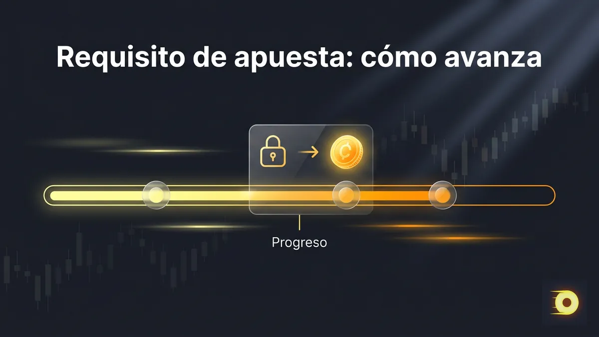 Línea de tiempo luminosa con candado que se desbloquea, ilustrando el requisito de apuesta del bono Rollbit