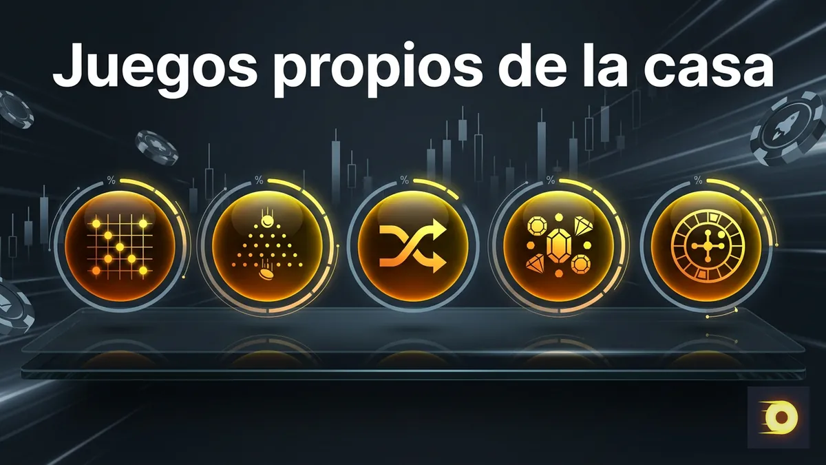 Cinco iconos de juegos propios Originals de Rollbit con anillos de RTP iluminados en tonos ámbar